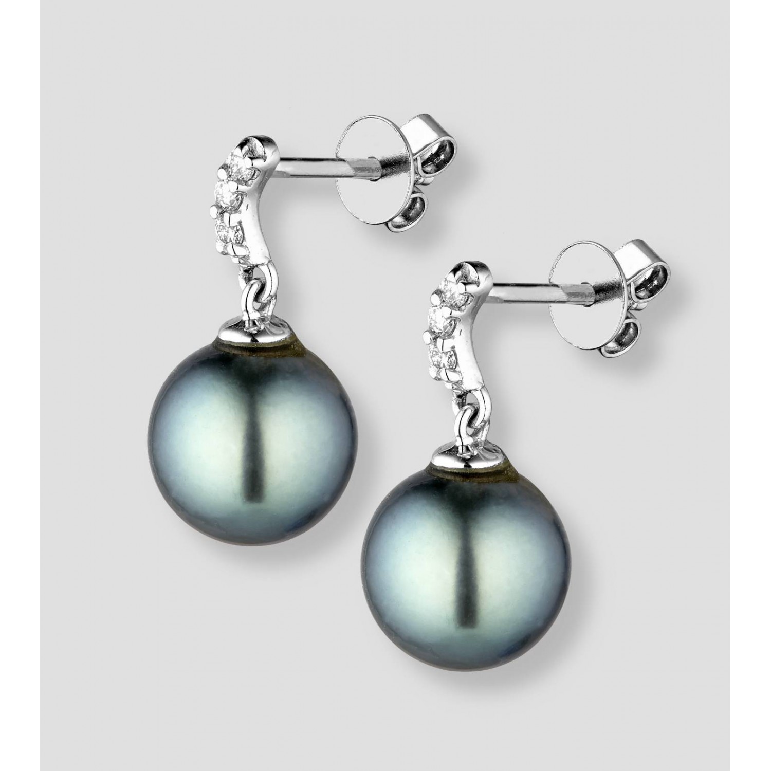 Boucles d'oreilles "3 diamants ondulés" or gris 18K deux perles de Tahiti
